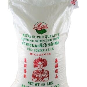 A bag of rice that is sitting on the floor.