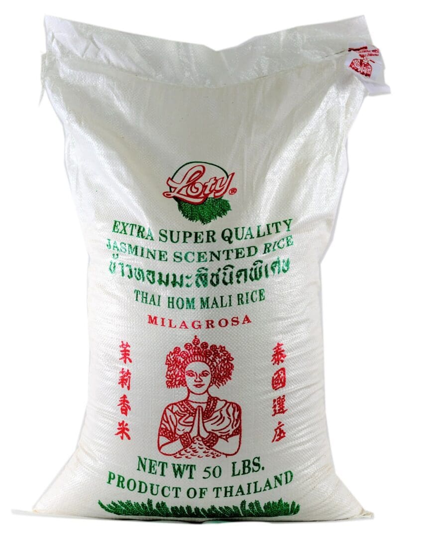 A bag of rice that is sitting on the floor.