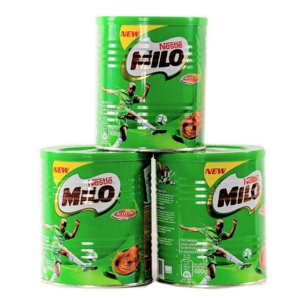 Three cans of milo are stacked on top of each other.