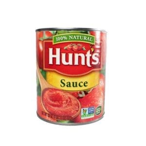 A can of sauce is shown with tomatoes.