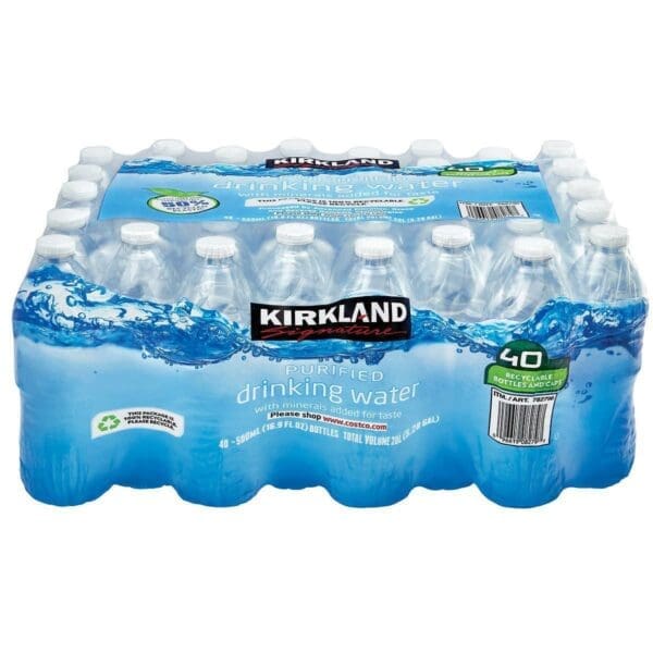 A case of kirkland water is shown.