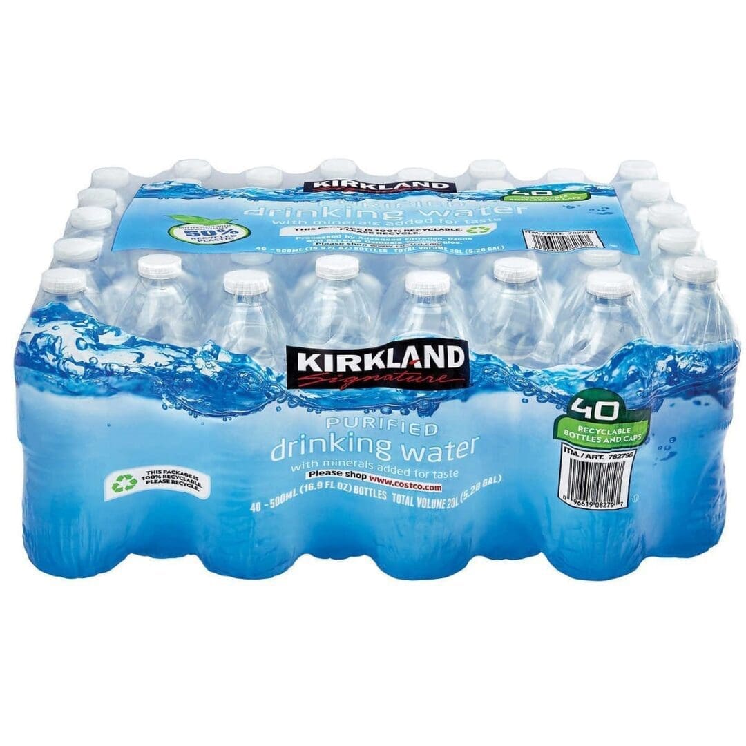 A box of kirkland water is shown.