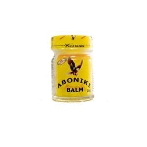 A jar of aboniki balm is shown.