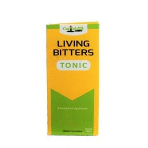 A bottle of living bitters tonic is shown.