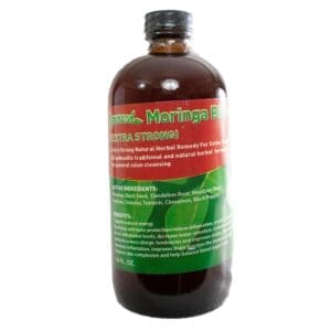 A bottle of liquid with the label " moringa extract extra strong ".