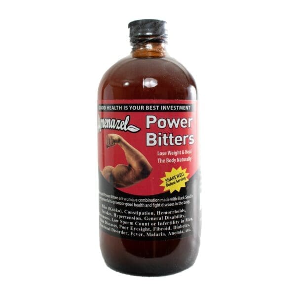 A bottle of power bitters is shown.