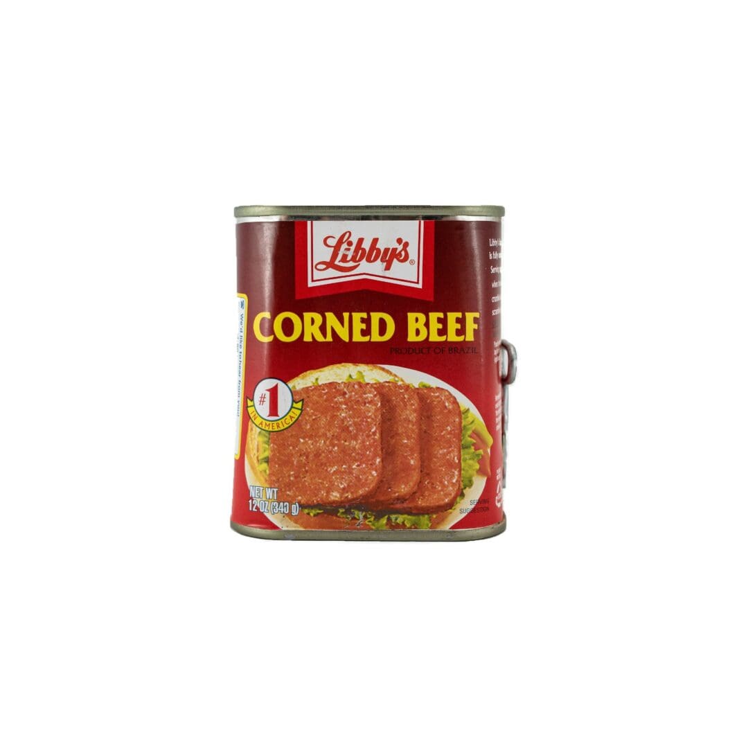 A can of corned beef is shown.