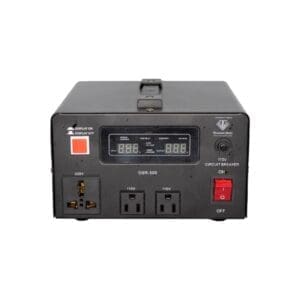 A black power supply with an orange button.