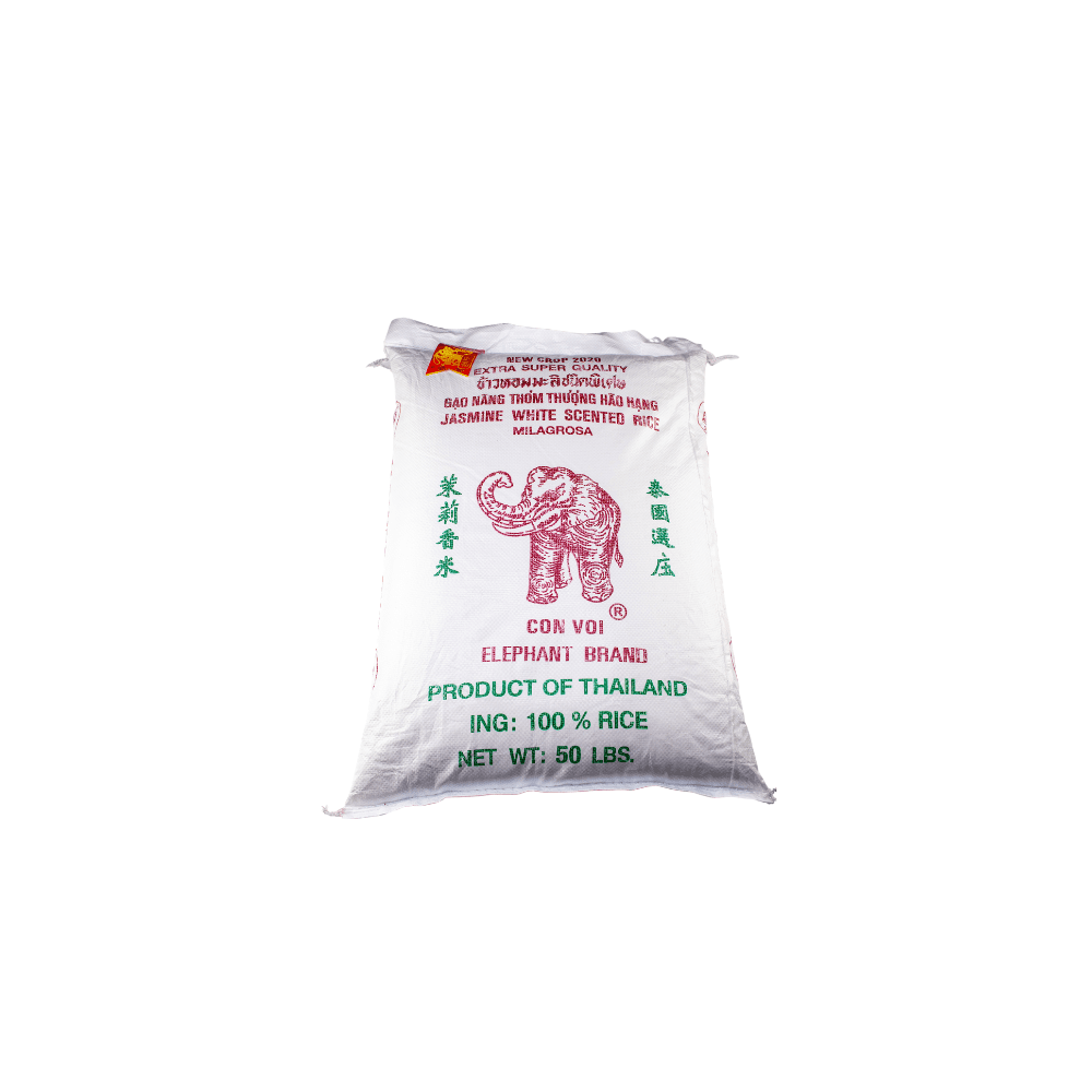 A bag of rice with an elephant on it.