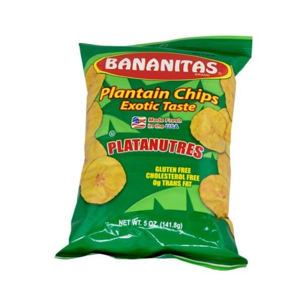 A bag of banana chips with green wrapper.