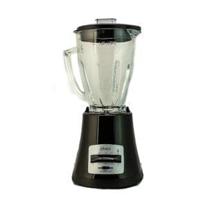 A black blender with clear lid and glass container.